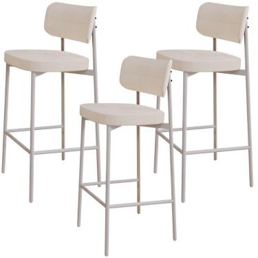 Imagem de Kit 03 Banquetas Alta Bar Cozinha Sala De Jantar Aço Branco Kaira C01 Linho Palha - Lyam Decor