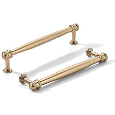 Imagem de khtumeware Pacote com 10 puxadores de armário de bronze champanhe central de 5 polegadas (128 mm), alça sólida para armário de cozinha resistente, ferragens de armário para penteadeira, puxador de