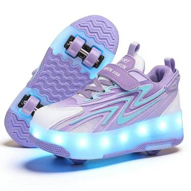 Imagem de Ylllu Tênis infantil atualizado de patins de 4 rodas com LED recarregável por USB e carregador moderno para meninas, meninos e crianças, Roxo-4 rodas-a-2, 17