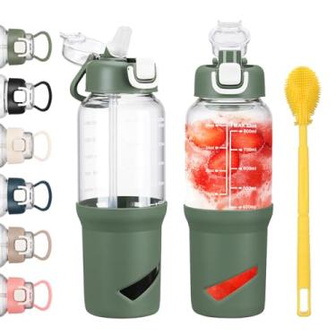 Imagem de SIEROZUR Garrafas de água de vidro de 946 ml com batedor de bola, coqueteleira para misturas de proteína, copo de vidro à prova de vazamento com 2 tampas e sem BPA, coqueteleira para fitness, azeitona