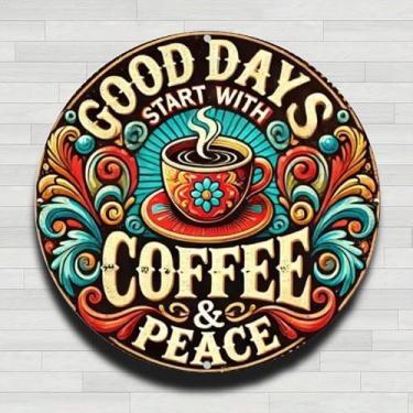 Imagem de 20 x 20 cm Good Days Start with Coffee And Peace Placa de alumínio com aparência vintage, ideal para decoração de casa, bar, café ou garagem