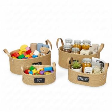 Imagem de e esscopro 4 cestos pequenos de vime para organização, cesta de armazenamento de corda de papel reciclado, cesto oval de presente de corda para prateleira, gaveta de armário de banheiro, organizador