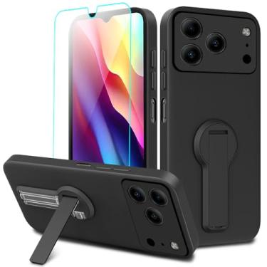 Imagem de Capa de telefone compatível com Doogee Note 56/56 Pro/56 Plus com protetor de tela de vidro, rotação de 360° com suporte oculto/suporte oculto, capa protetora de silicone TPU para Doogee Note 56