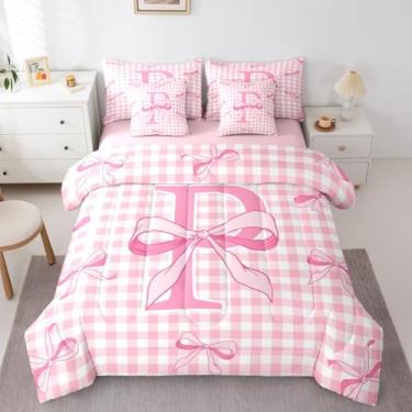 Imagem de Feelyou Conjunto de edredom de laço rosa com 7 peças, Queen, fofo, quadriculado, lençol com laço, para crianças, meninos, meninas, decoração de quarto