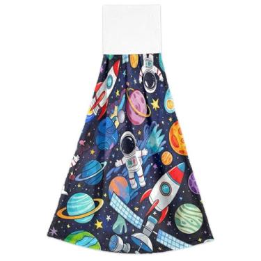 Imagem de Toalhas de mão coloridas de planetas espaciais astronautas com laços para pendurar no forno conjunto de 2 toalhas de cozinha altamente absorventes decorativas, 46 x 35 cm