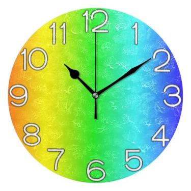 Imagem de Relógio de parede analógico decorativo operado por bateria relógio de cozinha rústico, decoração de sala de estar, arte moderna, impressão vibrante de cores arco-íris, 25 cm, ponteiros dourados