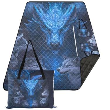 Imagem de TSENQUE Cobertor de praia azul dragão lobos à prova de areia, impermeável, extra grande, fofo, tapete de piquenique, estampa dobrável, cobertores externos para grama 299,7 x 203,2 cm