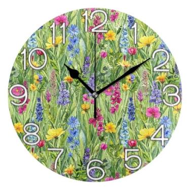 Imagem de GAIGEO Aquarela flores silvestres folhagem verde relógio de parede decorativo analógico quarto cozinha relógio operado por bateria silencioso, decoração de parede moderna sala de estar, 25 cm