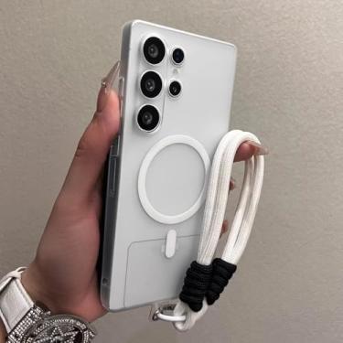 Imagem de Capa com alça de pulso fosca para Samsung Galaxy S25 S24 Ultra S22 S23 Plus Cordão rígido de PC magnético à prova de choque Capa fina, branca, para Samsung S24 Plus
