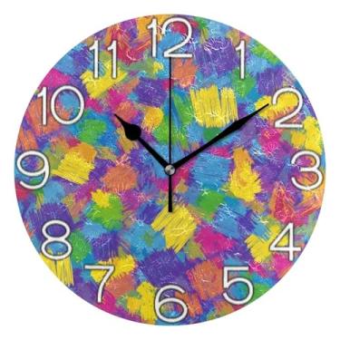 Imagem de GAIGEO Relógio de parede analógico decorativo operado por bateria silencioso relógio de cozinha fofo, decoração de sala de estar, pincel colorido roxo amarelo, 25 cm, ponteiros pretos