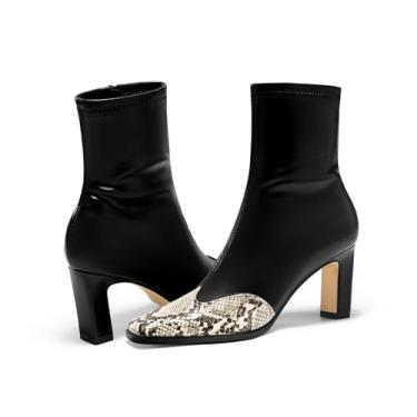 Imagem de Coutgo Bota feminina de cano curto, salto grosso, bico quadrado, GoGo, com zíper lateral, vestido de inverno, Pele de cobra, 38