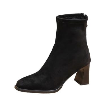 Imagem de Bota feminina de inverno casual plus size confortável bico quadrado curto zíper traseiro salto médio camurça, Preto, 38