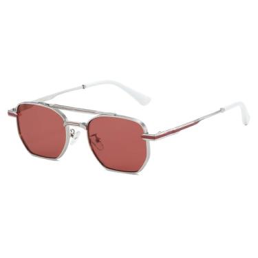 Imagem de Óculos de Sol UV400 - Ponte Dupla com Lentes Degradê em Metal para Homens e Mulheres, Ideais para Esportes ao Ar Livre, Corrida e Ciclismo, Prata e Vermelho