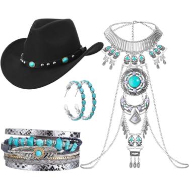 Imagem de Landical Conjunto de 4 peças de joias boho turquesa, chapéu de caubói boho, corrente corporal, corrente de couro, pulseira turquesa, liga oval, brincos pendentes