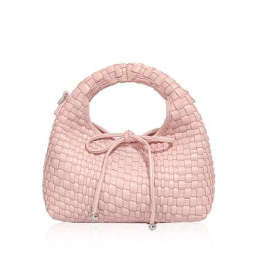 Imagem de JINMANXUE Mini bolsa feminina moderna, sacola de tecido, bolsa composta, bolsa de corrente de tricô, bolsas de ombro transversais, Laço rosa claro