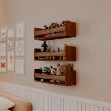 Imagem de Kit 3 Prateleiras Porta Brinquedos Freijó 60 x 12cm Suporte Invisivel 