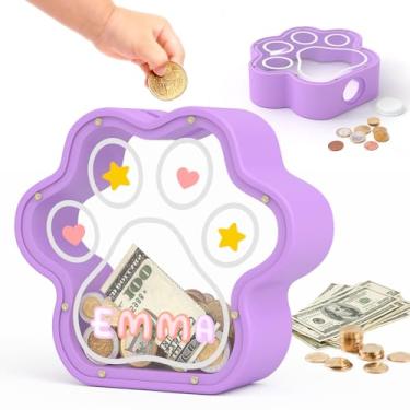 Imagem de KMC Cofrinho infantil com estampa de pata, cofrinho de madeira natural com adesivos para meninas, meninos e adultos, presente personalizado para aniversário e festival, pequeno, roxo 12 cm