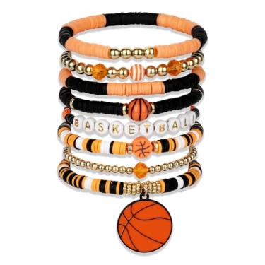 Imagem de ROLYTA Pacote com 8 pulseiras com tema de basquete, pulseiras empilháveis com berloques esportivos para mulheres, joias de dia de jogo e acessórios de festa do time