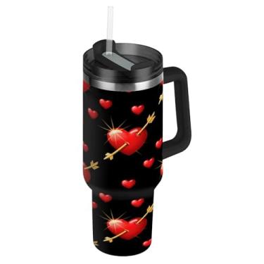 Imagem de ATTX Copo de coração vermelho de 1,134 g com alça, copo de aço inoxidável a vácuo de parede dupla com palha, caneca de café de viagem isolada #443