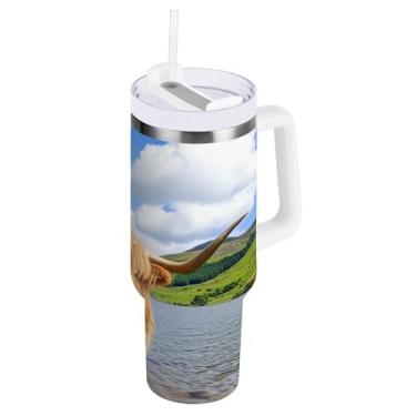 Imagem de SEHANY Copo Highland Cow de 1,134 g com alça, copos isolados de aço inoxidável a vácuo de parede dupla, à prova de vazamento, caneca de café isolada para viagem, cabe no suporte de copo de carro