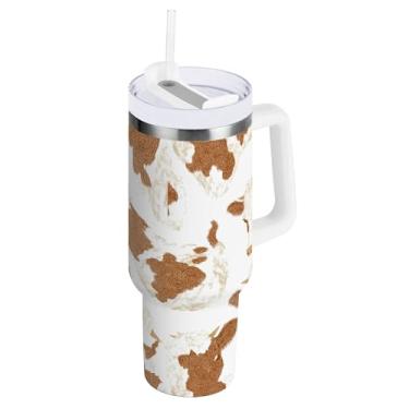 Imagem de SEHANY Copo de vaca marrom e branco de 1,134 g com alça, copos isolados de aço inoxidável a vácuo de parede dupla à prova de vazamento, copo de viagem isolado cabe no suporte de copo de carro