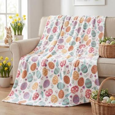 Imagem de Horaldaily Manta de flanela de Páscoa, ovos de Páscoa coloridos, folha xadrez, anêmona, macia, felpudo, aconchegante, cobertores de lã para sofá, cama, presente ideal para crianças e adultos, 127 x