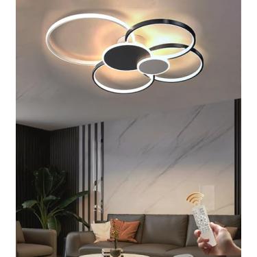 Imagem de Luminária de teto LED moderna e dimerizável com controle remoto, 93W, mudança de cor, design de 4 anéis em acrílico, iluminação inteligente ajustável para sala de estar, quarto e sala de jan