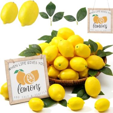 Imagem de Norme 56 peças de centro de mesa de limão artificial, limões amarelos falsos, folhas artificiais de limão e placa de mesa de madeira para festa de limonada, casa, cozinha, mesa, decoração de verão