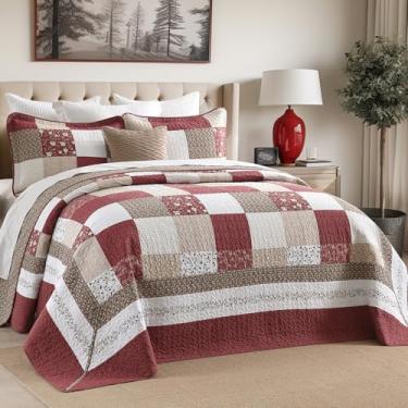 Imagem de DDUOXIN Colcha King superdimensionada – 325 cm L x 120 C Colcha extragrande 100% algodão, colcha de cama leve xadrez floral, colcha californiana com 2 fronhas, bordô/creme