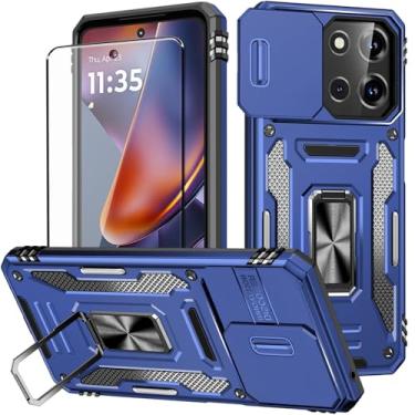 Imagem de Aozuoton Capa para Moto G 2025 com protetor de tela e com capa para câmera, suporte rotativo de grau militar de 360° (resistente), proteção à prova de choque, capa para Moto G 2025 azul marinho