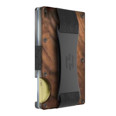 Imagem de Carteira masculina – redesenhada com um toque moderno – elegante, minimalista e sem costura, equipada com clipe para dinheiro com bloqueio de RFID (estilo fibra de carbono), Madeira de nogueira