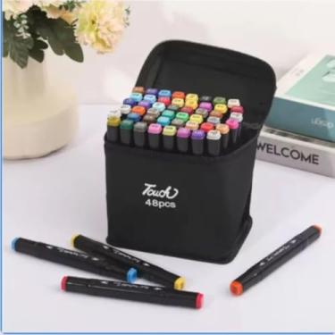 Imagem de Kit 48 Cores Canetinhas Marcadores Touch Ponta Dupla + Estojo de Transporte - Canetas Permanentes Profissionais para Colorir e Ilustração Artístico e Escolar Marcador Premium Duas Pontas Coloridas