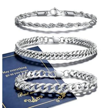 Imagem de NUKAYAI 3 peças de pulseiras de aço inoxidável para homens, corrente de elos cubanos, conjunto de pulseiras douradas/prata para homens 19,5/20,3/23,9 cm, presentes de Natal (inclui cartão), 7.5", Aço