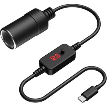 Imagem de eoev Adaptador de tomada de isqueiro USB C macho para 12V 12W Max, soquete de isqueiro de carro, cabo conversor fêmea, ajustável 5V 9V 12V para painel