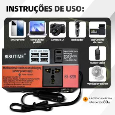 Imagem de Inversor de Carro 12V 24V para 110V 220V, com 2 USB Rápido, Fonte de Alimentação até 80W para Celular, Tablet, Notebook, Viagens