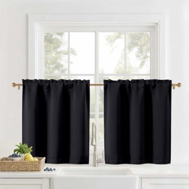 Imagem de OVZME Cortinas de cozinha pretas de 76 cm de comprimento - Cortinas de janela pequenas com filtragem de luz camadas para cozinha sobre a pia, cortinas curtas para tratamentos de meia janela, 2 painéis