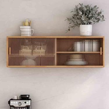 Imagem de Aparador de cozinha montado na parede de madeira maciça - Armário de armazenamento independente com 2 portas de vidro deslizantes para garrafas, pratos e tigelas - Armário de jantar com prateleiras