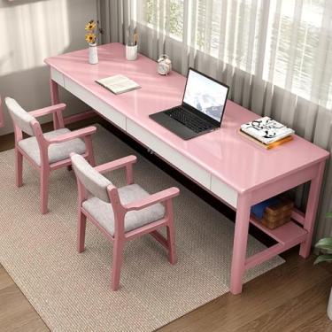 Imagem de Mesa dupla extragrande em madeira com 2 gavetas e prateleira de armazenamento, perfeita para escritório doméstico e mesa de estudo.