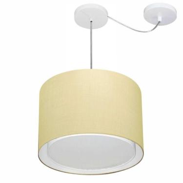 Imagem de Lustre Pendente Cilíndrico Com Desvio De Centro Vivare Md-4312 Cúpula Em Tecido 40x30cm - Bivolt Algodão-crú 127/220v