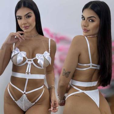 Imagem de Conjunto Lingerie Sexy Todo Aberto Sem Bojo Apenas Aro Laço - Like4you