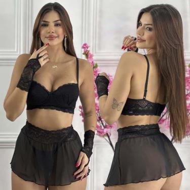 Imagem de Conjunto Lingerie Com Saia Sexy Luvas Renda Luxo Sensual Sensual  - Li