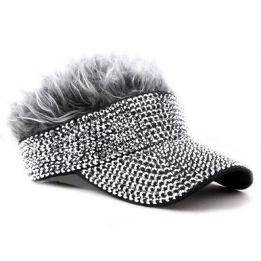 Imagem de Boné de beisebol, chapéu liso com strass, viseira solar e cabelo sinté