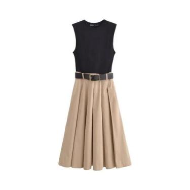 Imagem de Vestido Midi Plissado Sem Mangas Para Mulheres Com Cinto, Vestido De V