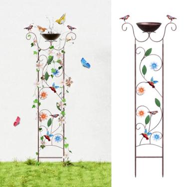 Imagem de Glirops Banho de pássaro para exterior - Banho de pássaro de ferro antigo com treliça, tigela decorativa destacável de beija-flor, suporte de planta de metal para flores trepadeiras, elegante recurso