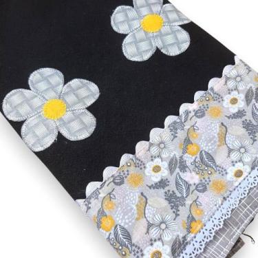 Imagem de Pano de prato preto com barrado floral e Flores em aplique - Decornato