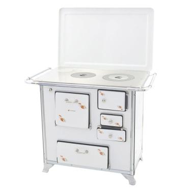 Imagem de Fogão a Lenha Tradicional 2 Bocas Venâncio 2GEFTBR Gabinete Chapa Ferro Fundido Branco Florido com Forno e Tampa
