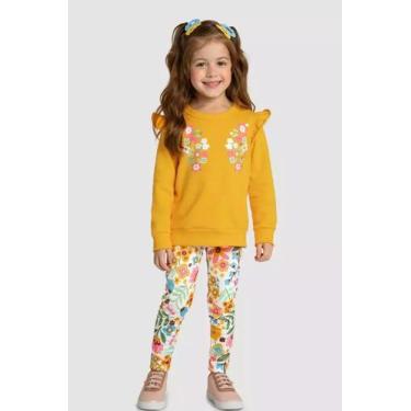 Imagem de Conjunto Blusao Moletom Infantil Menina Flores Marlan, Amarelo, 3