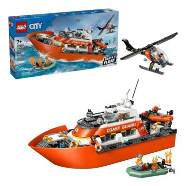 Imagem de Brinquedo de Montar Lego 60504 Barco e Helicóptero de Resgate da Guarda Costeira com Acessórios Flutuantes Branco com 5