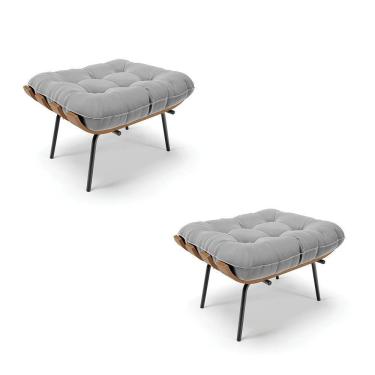 Imagem de Kit 02 Puffs Costela Suede Cinza Base Metálica Preto D`Rossi