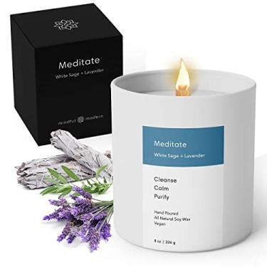 Imagem de Vela de meditação totalmente natural – Vela de relaxamento de sálvia branca e lavanda para purificação – Vela orgânica de cera de soja feita à mão com fragrância elegante e duradoura – Limpa, queima uniforme – Frasco de vidro de 236 ml